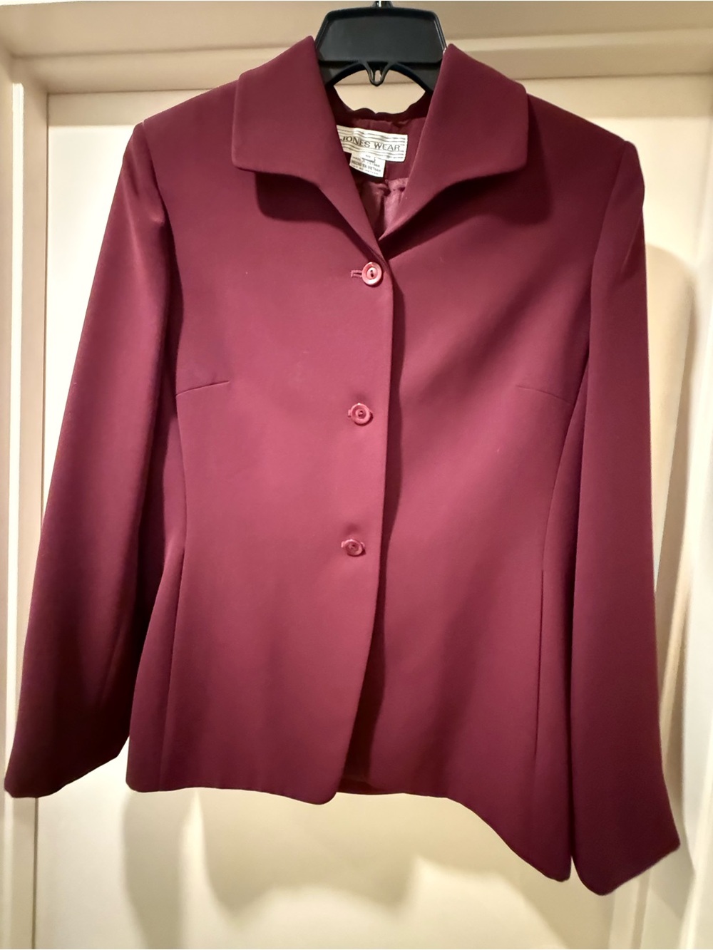 Jones Wear Women's Deep Burgundy Three-Button Blazer with matching pencil skirt